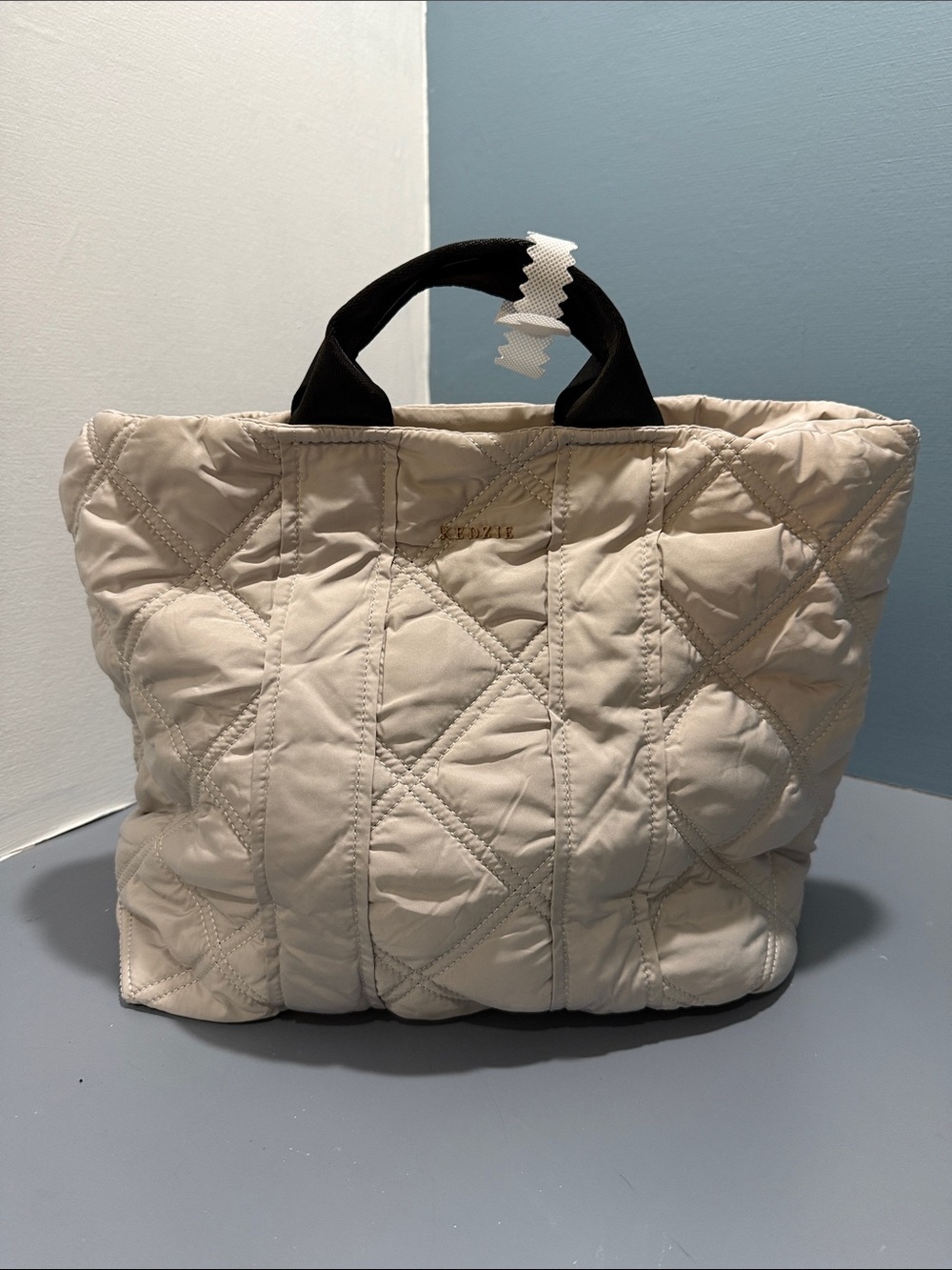 Kedzie Quilted Cream Tote with Black Handles